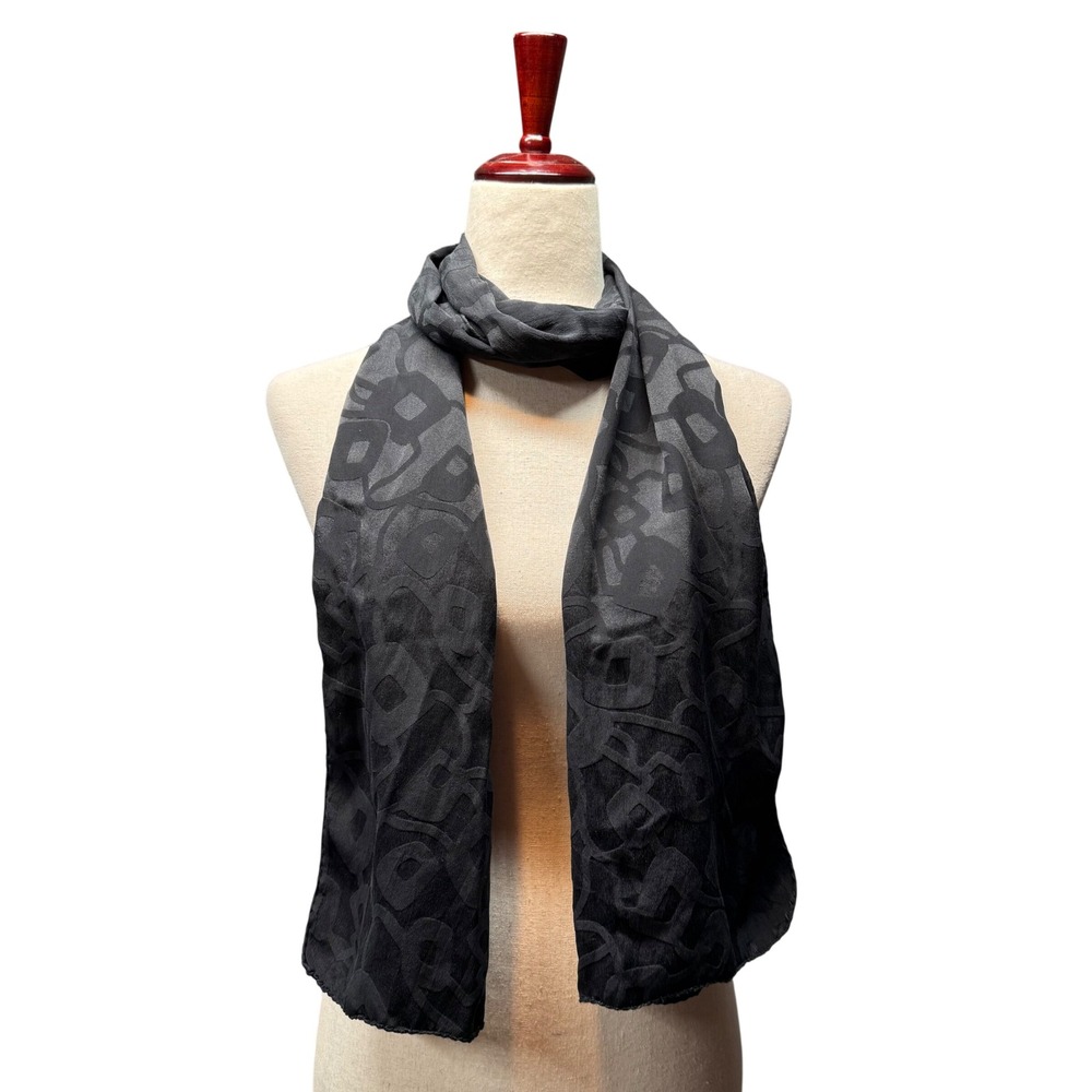 Silk Scarf Geometric Abstract Jacquard Wrap Shawl Black OS Artsy Lagenlook